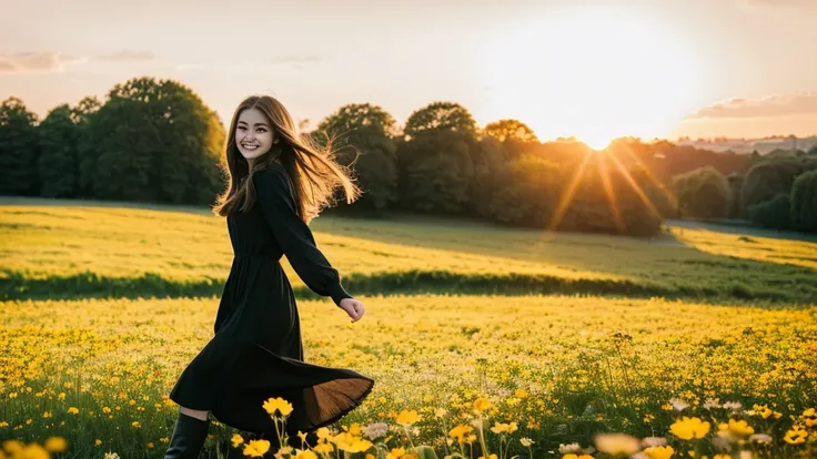 photo young woman with brown hair and eyes, walking through a flower meadow, with a bright sunset, the woman is wearing a black flared dress with black boots, she looks happy