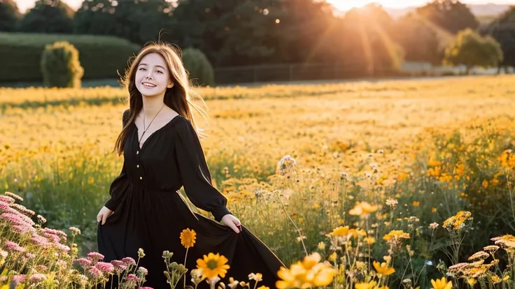 photo young woman with brown hair and eyes, walking through a flower meadow, with a bright sunset, the woman is wearing a black flared dress with black boots, she looks happy