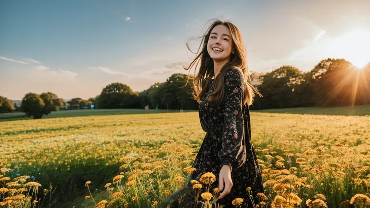 photo young woman with brown hair and eyes, walking through a flower meadow, with a bright sunset, the woman is wearing a black flared dress with black boots, she looks happy