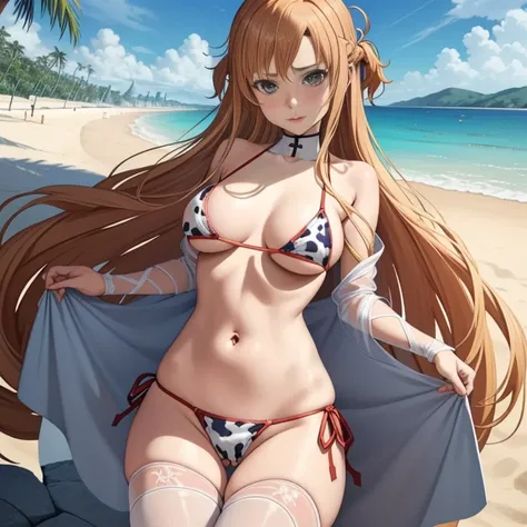 nsfw, best quality, official art, masterpiece, textile shading, HDR, very detailed, colorful, best details, (Adult,19 years old, One Girl, alone, yuuki asuna, hentai:1.5, bitch, very long hair, curly hair, brown hair, cow print bikini:1.5, medium breast, s...