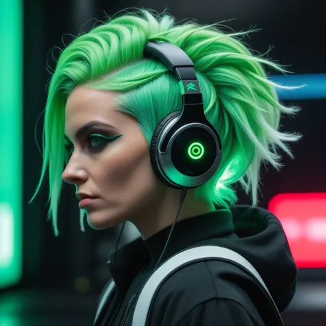 (((work of art, best qualityer, high qualiy,))) (pop art:0.8), Woman, messy green hair, (Glitch:1.33), glowing white eyes, just a strange face in a, strange place, detailed back ground, (ninja), cyber punk, headphones