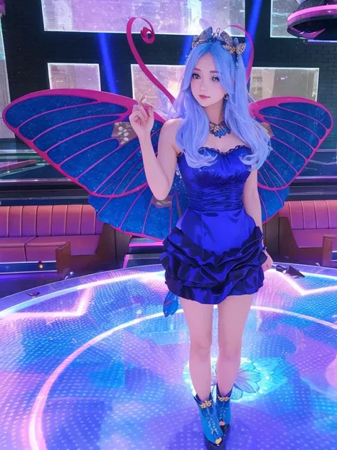 A beautiful girl with full body and fair skin. wearing blue dress, blue butterfly wings, with straight blue hair and blue boots.