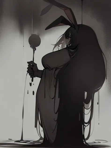 In a dark haunted house, horror, fear, innocent goasts shadows ,(Pitch black) , Its muggy , steamy , rabbit ear adult woman