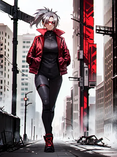 Tall, slim, She has long grey hair tied back in an enormous, messy ponytail that reaches down to her thighs, some of her hair is covering one of her eyes, She wears a red jacket over a light red full-body suit, golden eyes