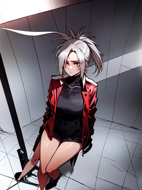 Tall, slim, She has long grey hair tied back in an enormous, messy ponytail that reaches down to her thighs, some of her hair is covering one of her eyes, She wears a red jacket over a light red full-body suit, golden eyes