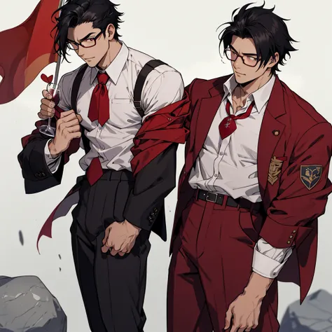  17 years old, unglued, wear wine-colored clothes, wear glasses, Bblack hair, moral look, carrying a stone representing his brute strength, a small lesbian flag brooch,アニメ