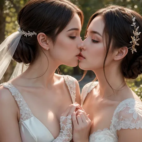 (masterpiece, highest quality, official art, beauty and aesthetic), two stunning bride is deeply in love with each other, kiss, romantic atmosphere