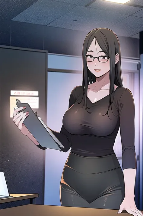 song-hwa, 1lady standing, secretary, (office casual) sleeveless, stylish outfit, (pencil skirt), (id card) lanyard, /(dark gray hair/) bangs, kind smile, (round glasses:1.1) thick-rim, (masterpiece best quality:1.2) delicate illustration ultra-detailed, la...