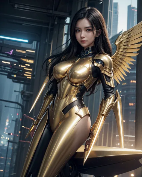 work of art,(best qualityer),highy detailed,ultra detali,1 girl,(mechanicalwings:golden,glare eyes:cerulean,goldenrarmor:1.2,elongated ears:0.8),(cyberpunk city:1.5,missiles:power blade),(paisagem de fantasia:1.2,natural lighting:1.5,confident expression),...