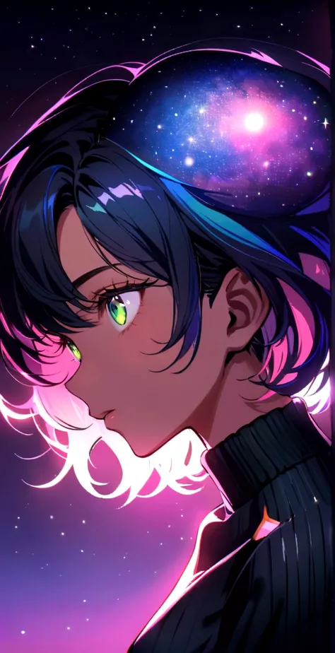 Sky, Pink and blue lighting, its night, the night is full of stars, there are planets in the sky, bright colors, Incredible details, Shiny hair, spectacular hair, , short hair, galaxy hair, green eyes, silhouette, tanned, black sweater,