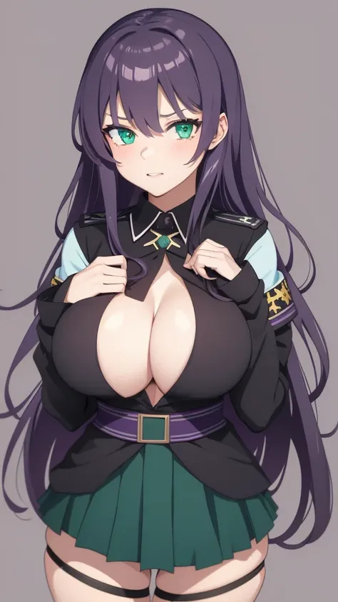 1girl,green eyes,purple semi-long hair,gigantic breast,seifuku