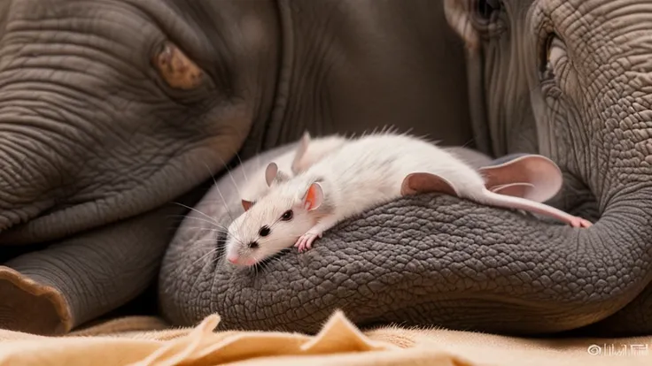 Create a hyperdetailed photorealistic macro image of a mouse covering up with the ear of an elephant and snuggling under it like a blanket. Both are asleep.