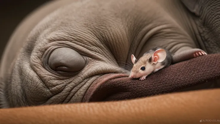 Create a hyperdetailed photorealistic macro image of a mouse covering up with the ear of an elephant and snuggling under it like a blanket. Both are asleep.