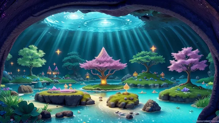 A magical underground world, with twinkling lights, magical creatures like fairies flying around, and a lagoon with crystal clear waters. In the center of the lagoon, an island with a shining tree, irradiando uma luz suave e acolhedora."