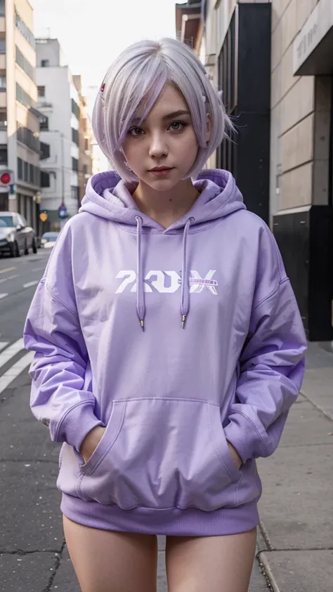 anime girl, short white hair, purple eyes, hoodie, pc, serpentine, vtuber, Street style