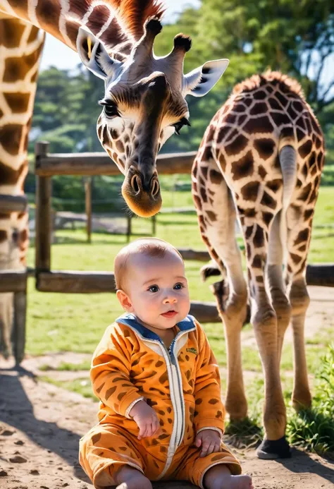 This photo realistically depicts a scene of a small baby wearing giraffe-patterned overalls and bright orange shoes standing in front of a fence. A large giraffe leans over the fence and holds the babys head in his mouth, while the baby looks up with a hap...