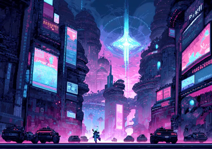 Elements: A pixel art character running through a pixel art cyberpunk city. Sky-high buildings, moving holograms and flying cars make up the scene. The character is accompanied by a pixel art robot that moves to the music.

• Colors: Dark shades of blue an...