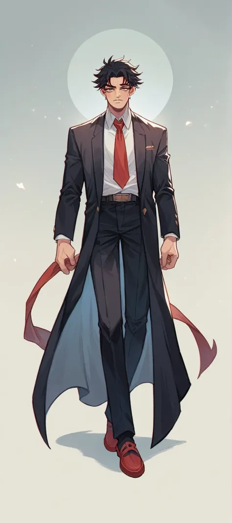 character in anime demon slayer of man, com olhos castanhos, with side-swept hair and a black suit and red tie and dress shoes 