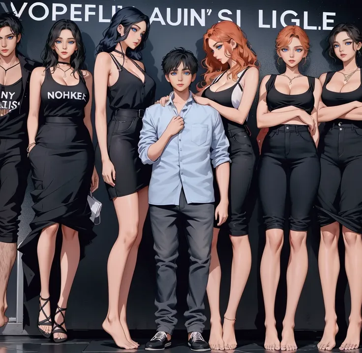 Three tall girls on the lfe left, three tall girls in the right, short man in the middle, the girls are much taller than the man, girls have big  and cleavage, girls are wearing black, man is wearing blue shirt, girls are standing barefoot, man is wearing ...