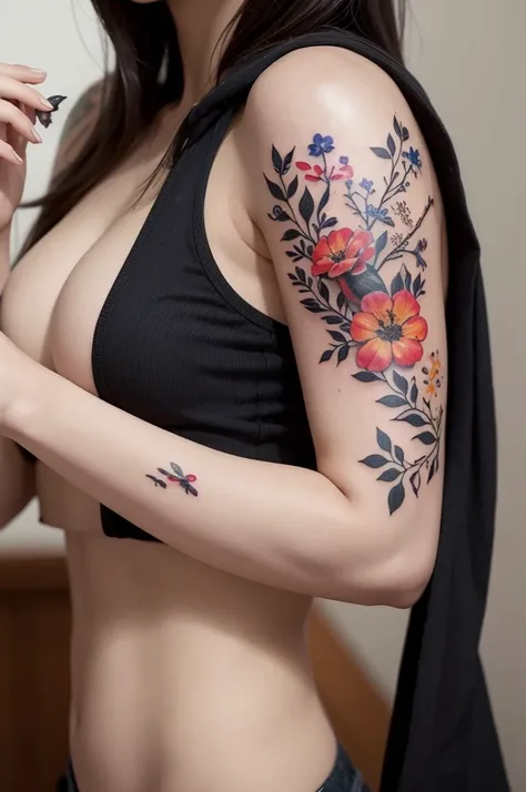 A tattoo with flowers , some birds , and floral mounted on the arm for tattoo now 