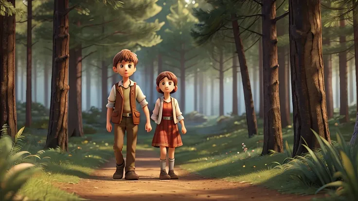 Lucas and Clara continuing their adventures in the woods, more united than ever. They are exploring new trails, with the woods in the background and a sense of magic and friendship between them. The image must capture the essence of courage, wisdom and fri...