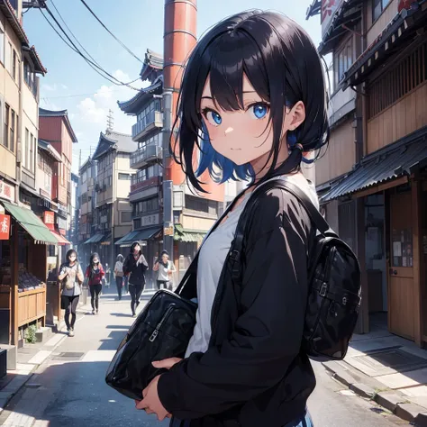 1guy, Indigo hair, blue eyes, wearing black clothes, asakusa background, high res, ultrasharp