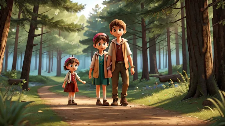 Lucas and Clara continuing their adventures in the woods, more united than ever. They are exploring new trails, with the woods in the background and a sense of magic and friendship between them. The image must capture the essence of courage, wisdom and fri...