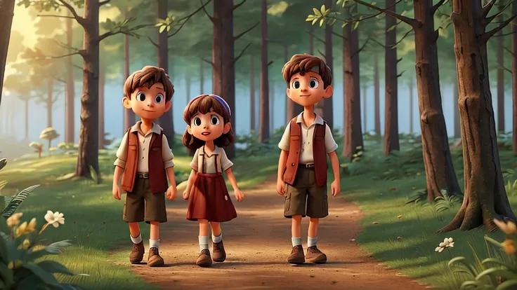 Lucas and Clara continuing their adventures in the woods, more united than ever. They are exploring new trails, with the woods in the background and a sense of magic and friendship between them. The image must capture the essence of courage, wisdom and fri...