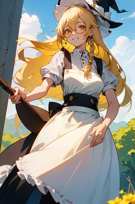 Gypsophila a female anime character with big round glasses and white hair wearing an apron and a witch 持っている, One Girl, kirisame marisa, alone,  blonde, smile, Yellow Eyes, apron, Long Hair, View your audience, Outdoor, Grin, Braiding, cloud, Earrings, Sho...