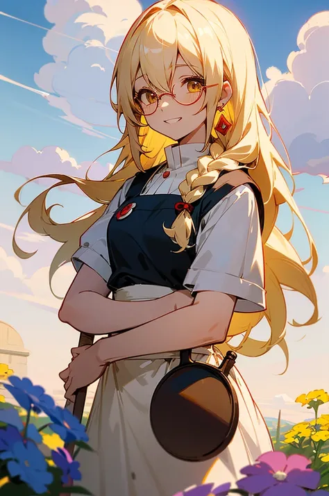 Gypsophila a female anime character with big round glasses and white hair wearing an apron and a witch 持っている, One Girl, kirisame marisa, alone,  blonde, smile, Yellow Eyes, apron, Long Hair, View your audience, Outdoor, Grin, Braiding, cloud, Earrings, Sho...