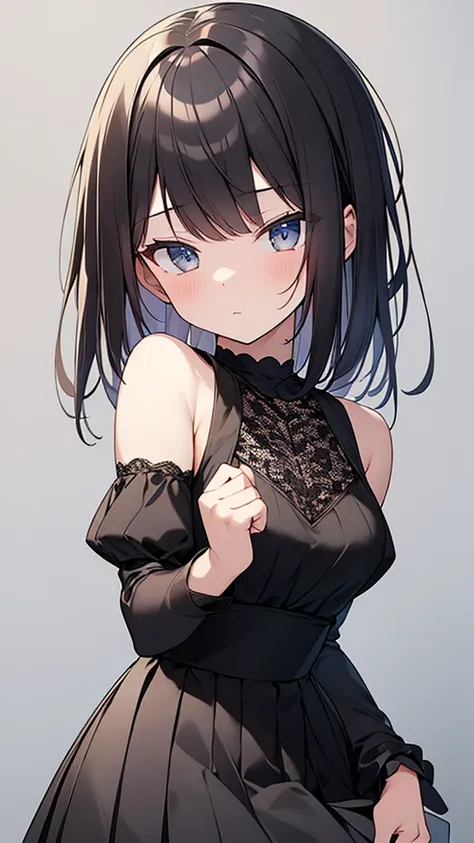 ((masterpiece)), (Highest quality), (Simple style), Wearing a face stolen from someone else, Off the shoulder, Black Dress, Pleated lace, Lace dress. whole body, NSFW