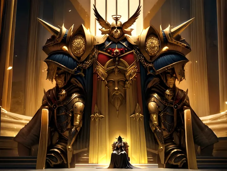 Warhammer 40K Emperor，Sit on the golden throne，Surreal art