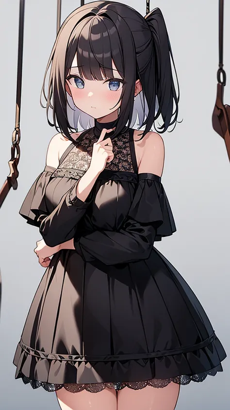 ((masterpiece)), (Highest quality), (Simple style), Swinging Big , Wearing a face stolen from someone else, Off the shoulder, Black Dress, Pleated lace, Lace dress. whole body, NSFW