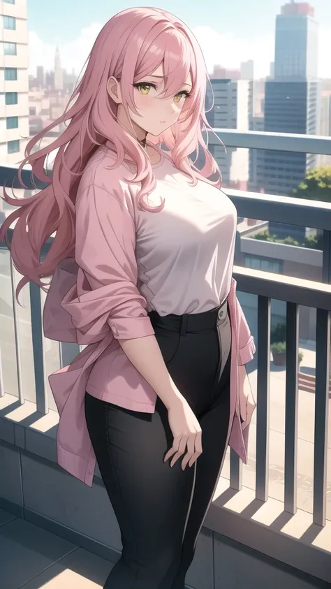 A young woman with wavy pink hair, yellow eyes, fair skin, large breasts, and medium butt. She is wearing a textured pink shirt and black pants. She is looking at the viewer.  The setting is the balcony of a luxurious apartment with the city in the backgro...