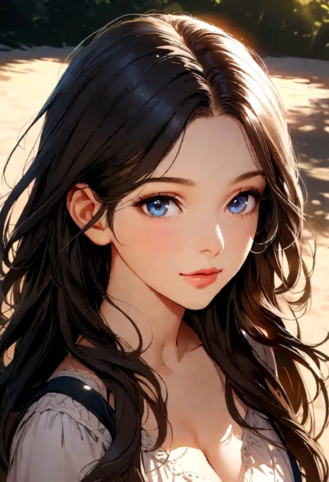 a photorealistic portrait of 24-year-old latina girl with long,flowing dark hair and striking blue eyes. she should have a natural,approachable expression and be illuminated by soft, golden-hour sunlight. tht background should be scenic outdoor settings, p...