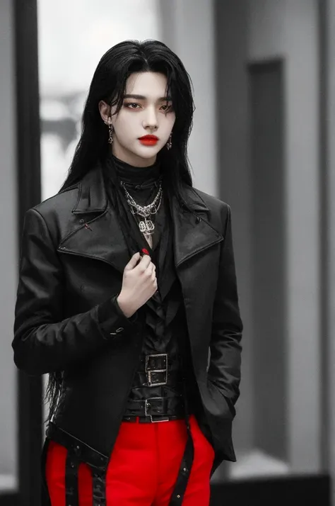 A young boy with long black hair, but long black hair, black hair, gothic clothes, gothic, gothic, red lips and pompous, hwang hyunjin, hyunjin stray kids, stray kids hyunjin