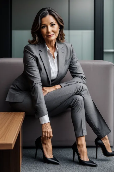 50-year-old woman in burgundy high heels and gray suit sitting cross-legged 