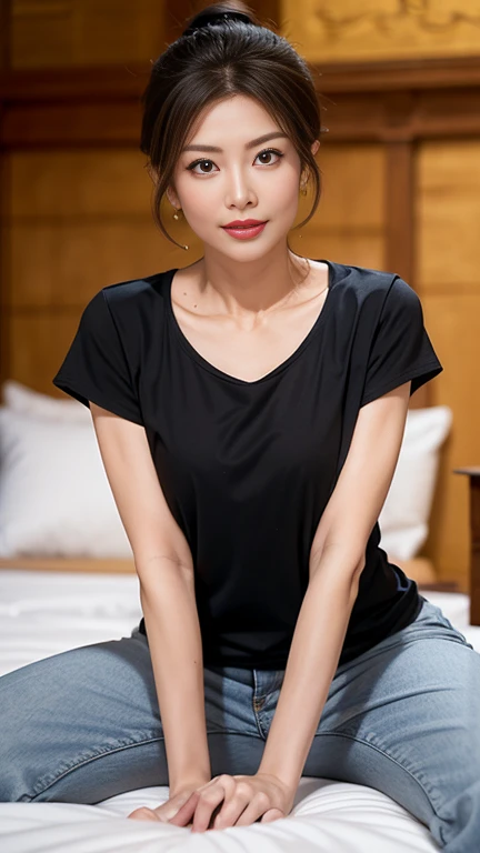 One Mature Woman、A normal 50 year old lady from the neighborhood、ponytail、T-shirt and jeans、Perfect Makeup、Red lips、(Photo-realistic style, 超High resolution, 16K, High resolution, masterpiece), Very detailed, Perfect Anatomy, Beautiful eyes、Anatomically co...