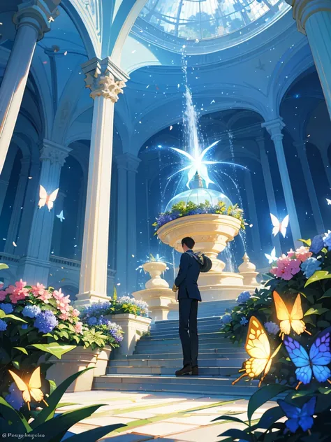 (top quality, masterpiece, ultra-realistic), night, starry skies, magical indoor botanical garden, dome, sparkling water fountain, lots of flowers, glowing butterflies, background landscape is a garden with petals and papas flying around. --v6