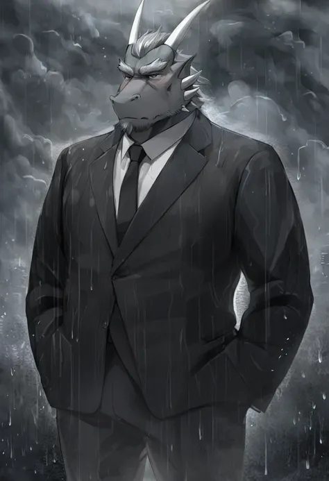 dragon，personification，Mature male，Strong Man，，Gray skin，Black suit，Hands in pockets，The Age of Steam，Gloomy rainy day。