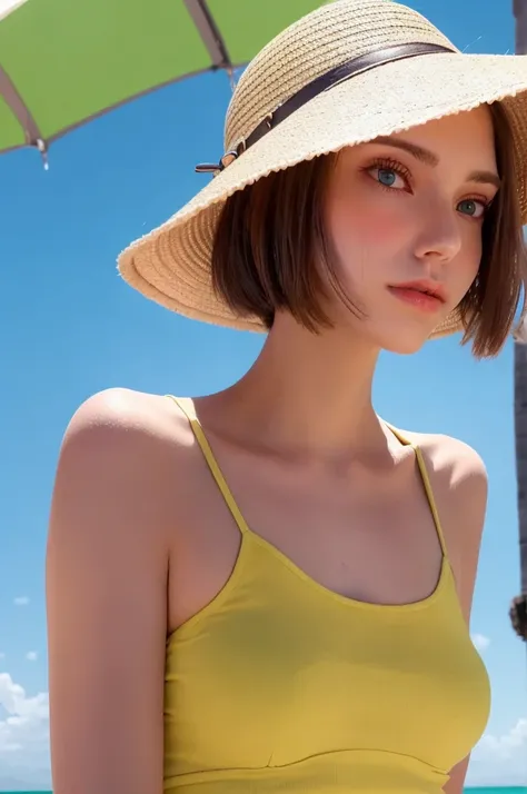 long straight hair, light brown eyes, sunhat, yellow bikini, white skin, beach