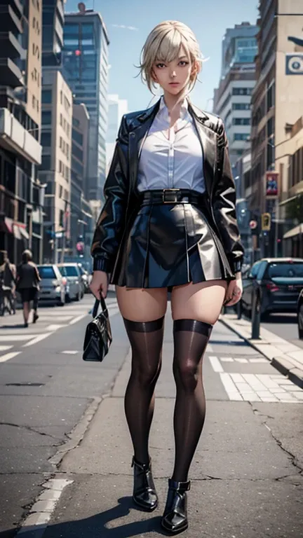 a woman in a short skirt and jacket posing for a photo, surrealist , surrealist , practical , realistic anime girl rendering, sm...