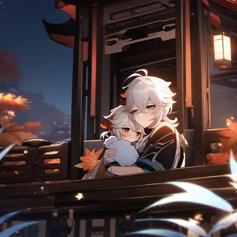 kazuha (genshin impacto) boyfriend chinese dragon boy white hair sapphire eyes, hugging, romantic, fluffly, ultra quality, 8k.