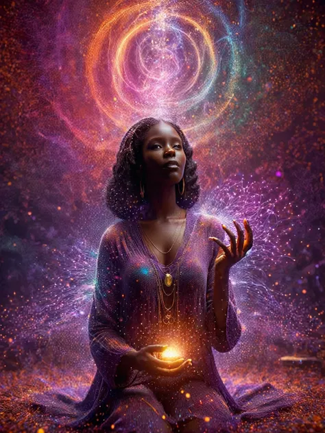 a dark-skinned woman, mystic casting a spell, with glowing hands and ai particles emanating in a dazzling array of colors, invol...