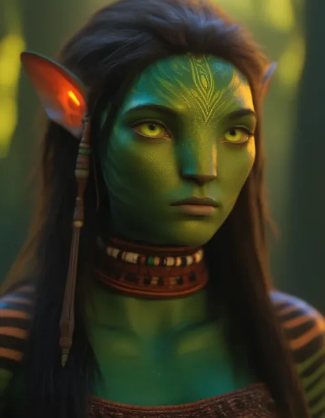 (face portrait), na'vi, 1girl, female, (green eyes), ((big detailed alien eyes:1)), ((eyebrowless)), ((pointy ears)), (green ski...