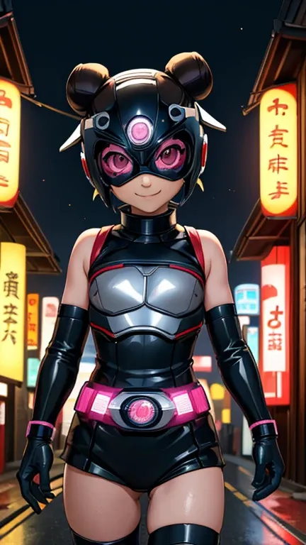 (8k),(masterpiece),(Japanese),(8-year-old girl),((innocent look)),((Childish)),From the front,smile,cute,Innocent,Kind eyes,Flat chest, Tenten, Superhero,Kamen Rider,helmet,domino mask, Short Dark Brown bun Hair,Strong wind,night,dark, Neon light cyberpunk...