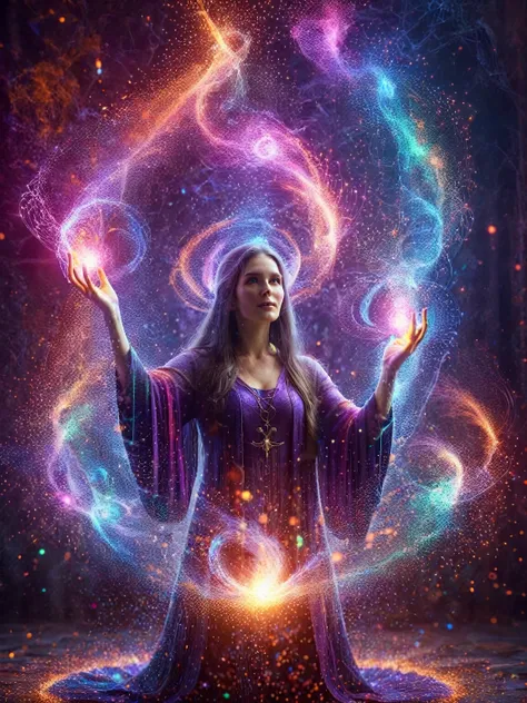 a female wizard , mystic casting a spell, with glowing hands and ai particles emanating in a dazzling array of colors, involving...