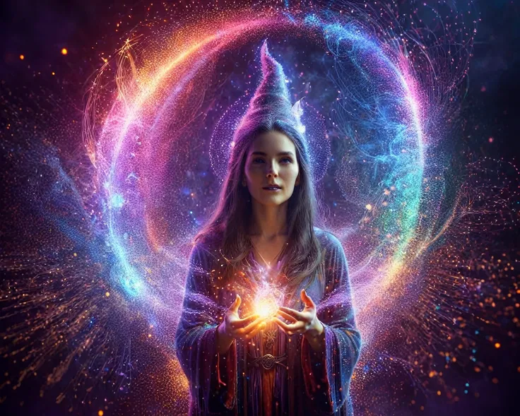 a female wizard , mystic casting a spell, with glowing hands and ai particles emanating in a dazzling array of colors, involving...