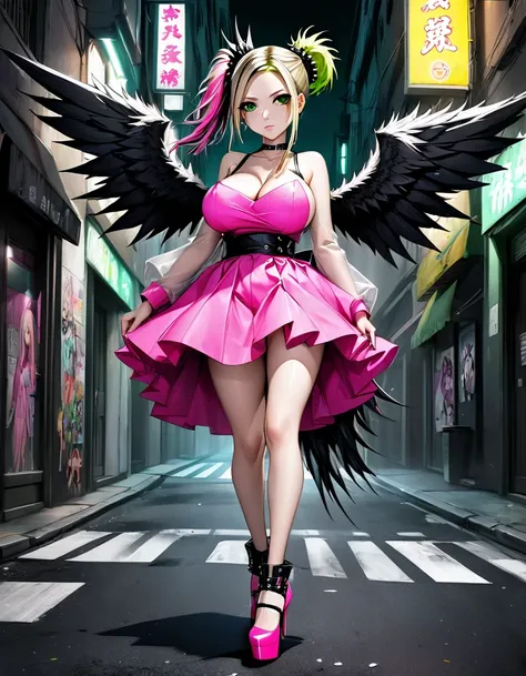 anime 4D  Avril Lavigne + Naruto girl sexy angels black wings big tits spiky mohawk hair dress V cuts walking on a dark gloomy street in neon pink high heels scared style photo realism, fully detailed drawing in black and black and only the big green eyes ...