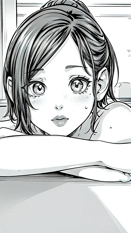 nude絵。One Mature Woman、A normal 70 year old lady from the neighborhood、Realistic facial wrinkles、voluminous shorthair、nude、Perfect Makeup、Red lips、(Japanese manga style, 超High resolution, 16K, High resolution, masterpiece), Very detailed, Perfect Anatomy, ...